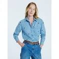 thumbnail image 1 of Free Assembly Women's and Women’s Plus Embroidered Hearts Denim Shirt with Long Sleeves, Sizes XS-4X, 1 of 5