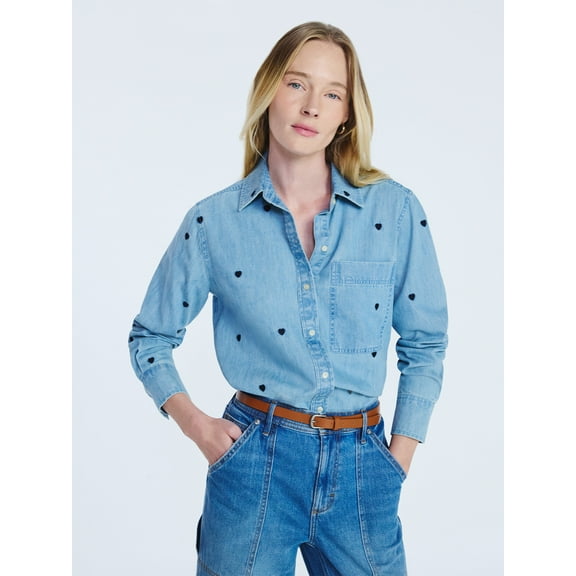 Free Assembly Women's and Women’s Plus Embroidered Hearts Denim Shirt with Long Sleeves, Sizes XS-4X