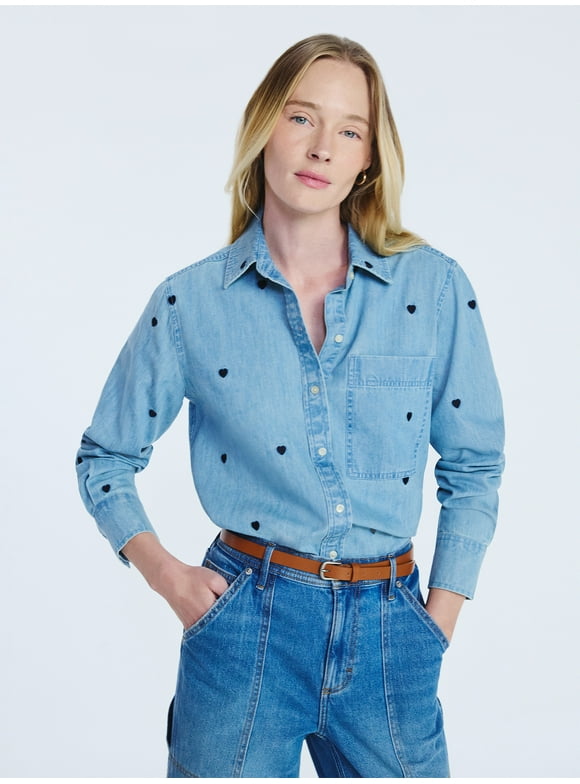 Women's and Women’s Plus Embroidered Hearts Denim Shirt with Long Sleeves, Sizes XS-4X