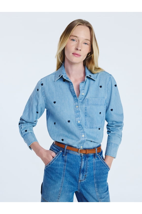 Women's and Women’s Plus Embroidered Hearts Denim Shirt with Long Sleeves, Sizes XS-4X