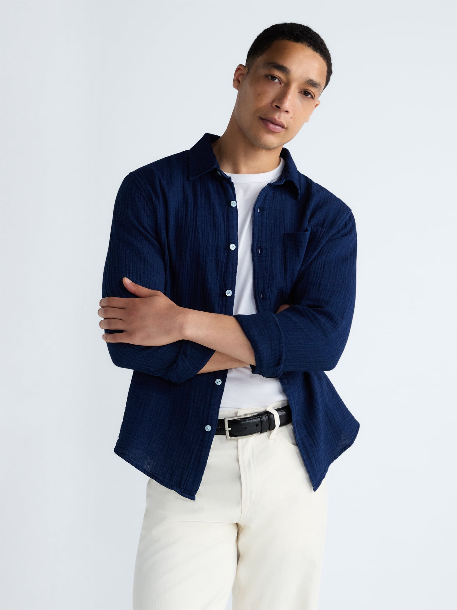 Free Assembly Men's Button Front Double Cloth Shirt with Long