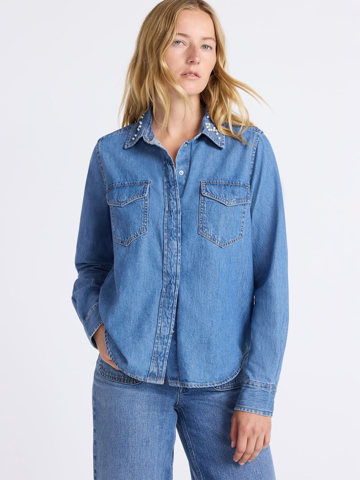 Free Assembly Women's Embellished Denim Shirt with Long Sleeves, Sizes XS-XXXL