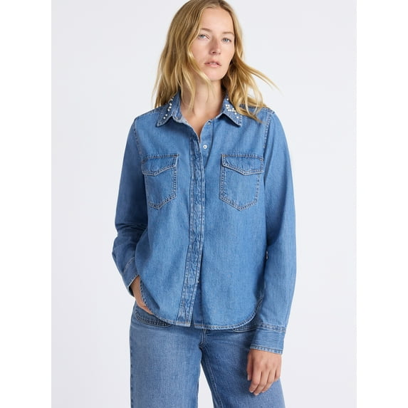 Free Assembly Women's Embellished Denim Shirt with Long Sleeves, Sizes XS-XXXL
