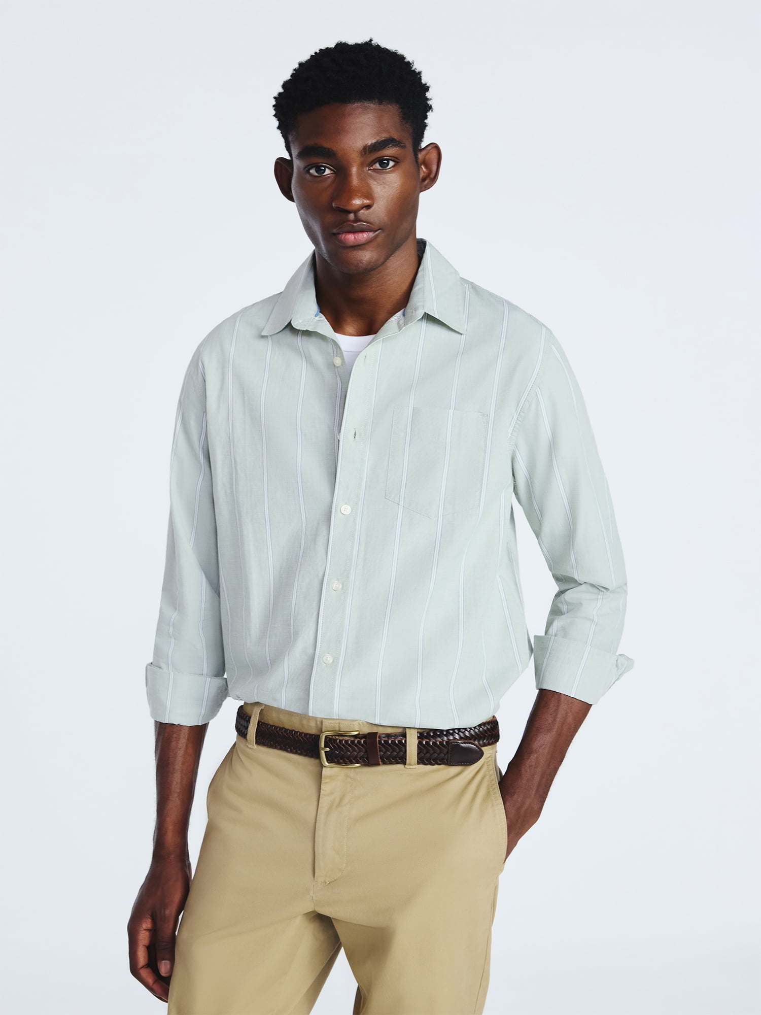Free Assembly Men's Cotton Poplin Button Front Shirt with Long Sleeves, Sizes S-3XL