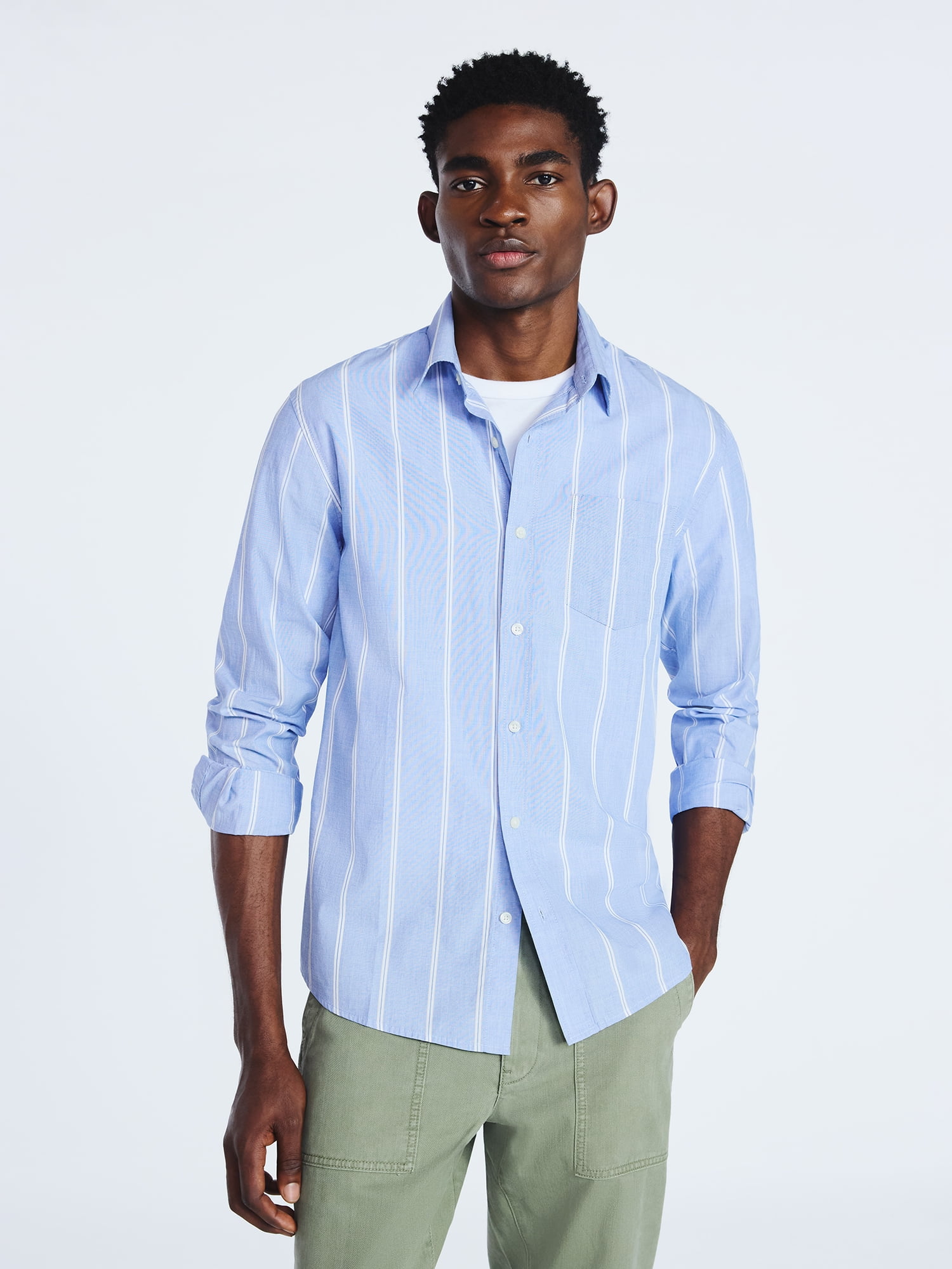 Free Assembly Men's Cotton Poplin Button Front Shirt with Long Sleeves, Sizes S-3XL