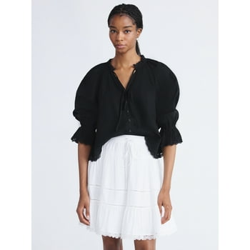 Free Assembly Women's Cotton Eyelet Ruffle Neck Blouse with Long Sleeves, Sizes XS-XXL