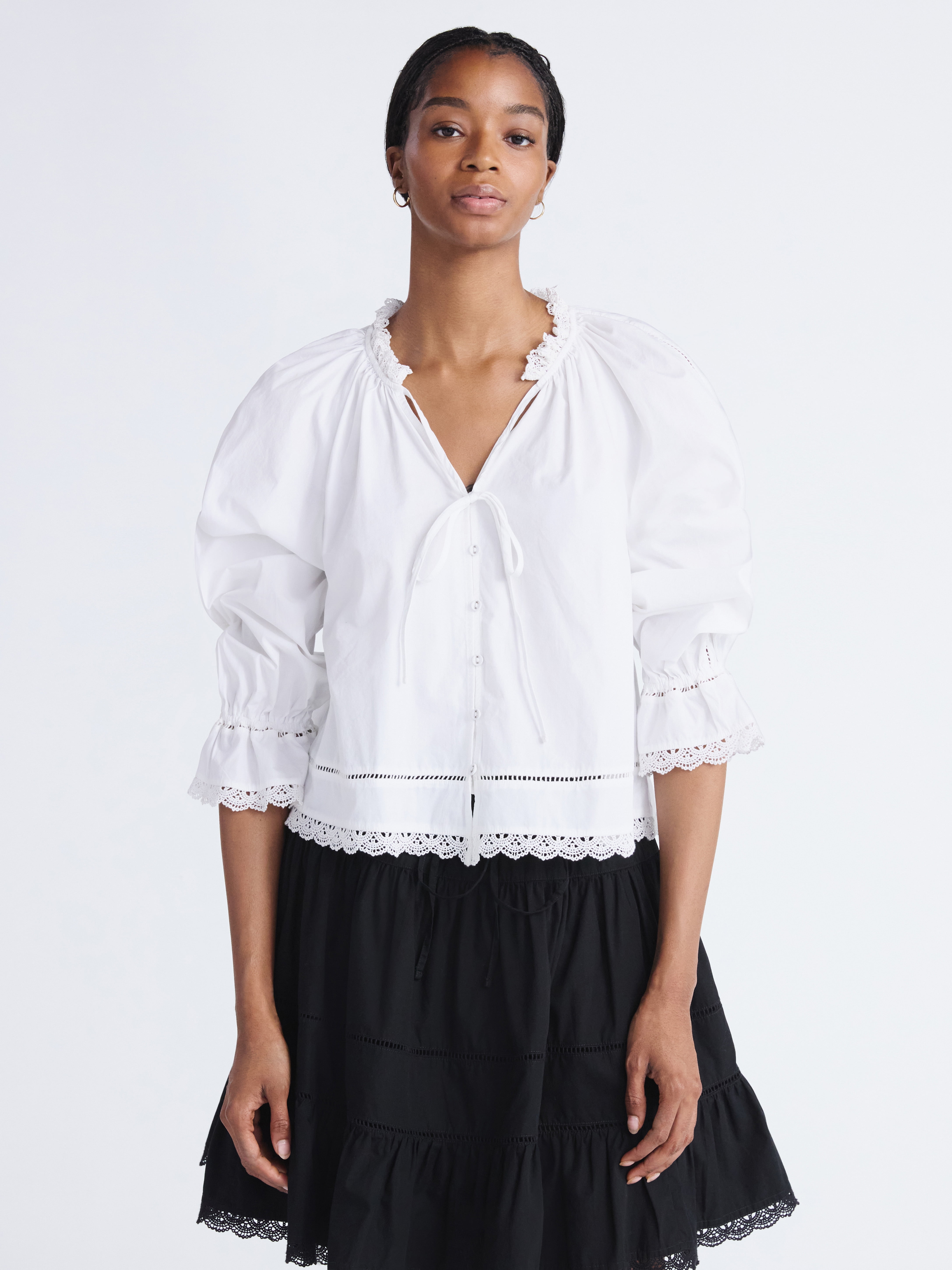 Free Assembly Women's Cotton Eyelet Ruffle Neck Blouse with Long