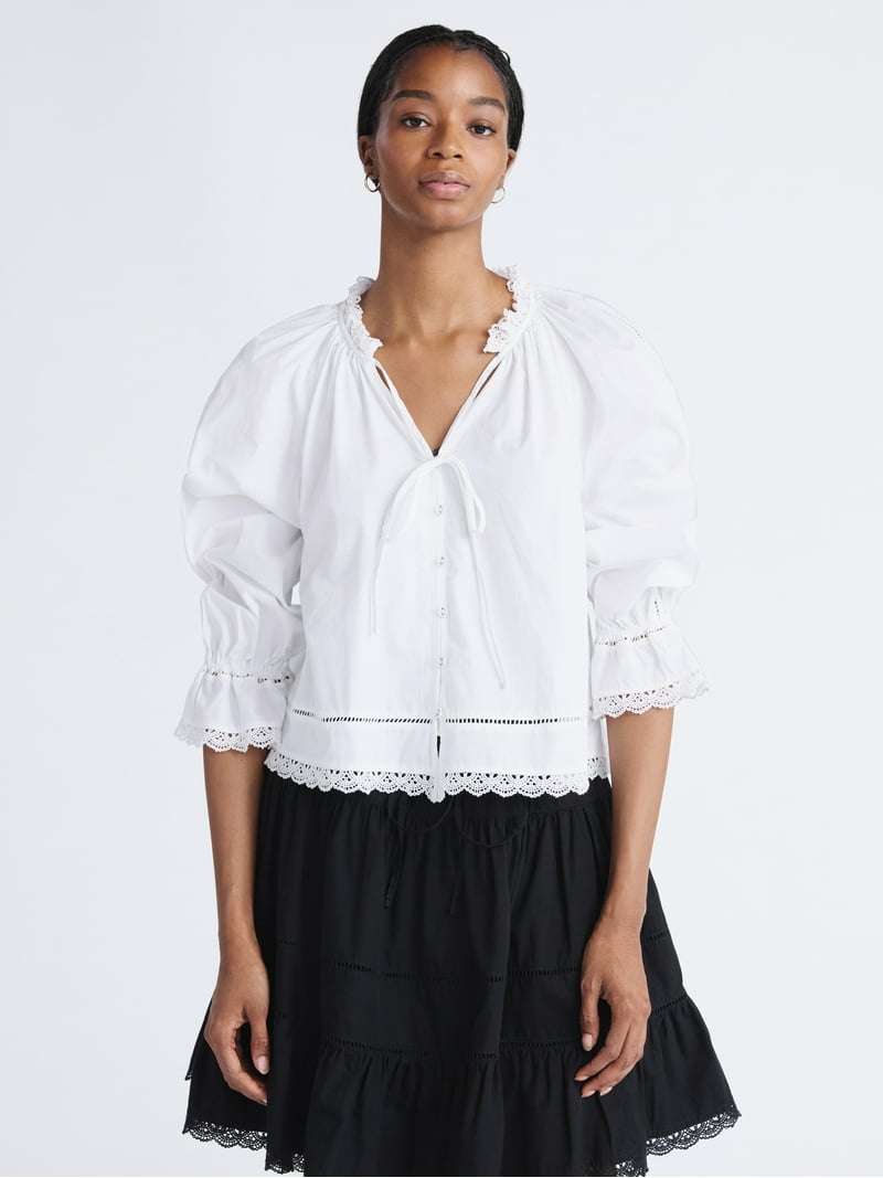 Free Assembly Women's Cotton Eyelet Ruffle Neck Blouse with Long
