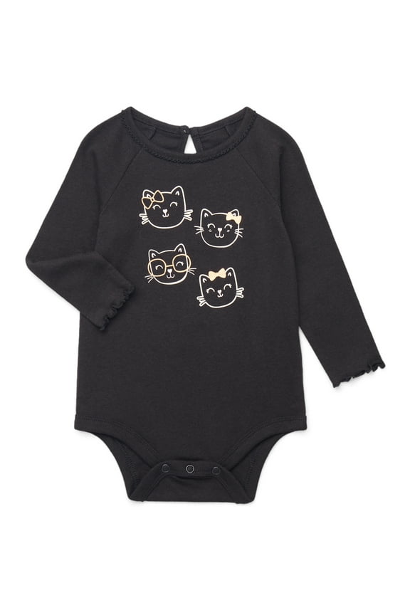 Baby Girl Graphic Print Bodysuit with Long Sleeves, Sizes 0-24 Months