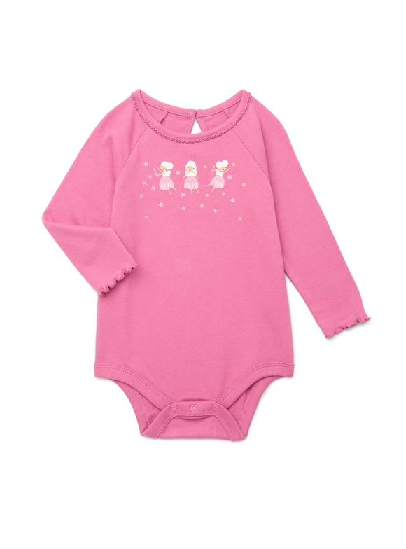 Baby Girl Graphic Print Bodysuit with Long Sleeves, Sizes 0-24 Months