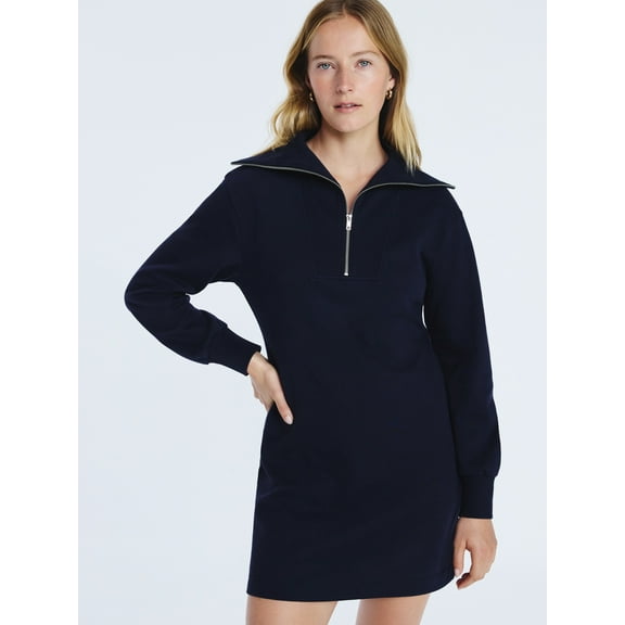 Free Assembly Women's and Women's Plus Half Zip Mini Dress with Long Sleeves, Sizes XS-4X