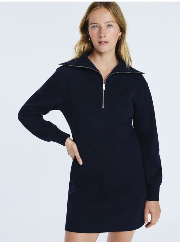 Women's and Women's Plus Half Zip Mini Dress with Long Sleeves, Sizes XS-4X