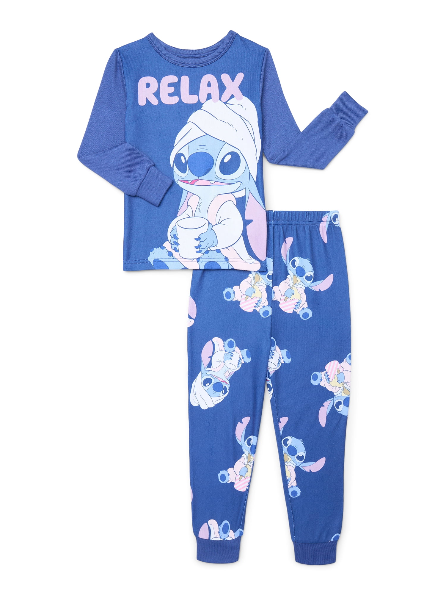 Disney Lilo & Stitch Girls Long Sleeve Top and Pants Snug Fit Pajama Set, 2-Piece, Sizes 4-10