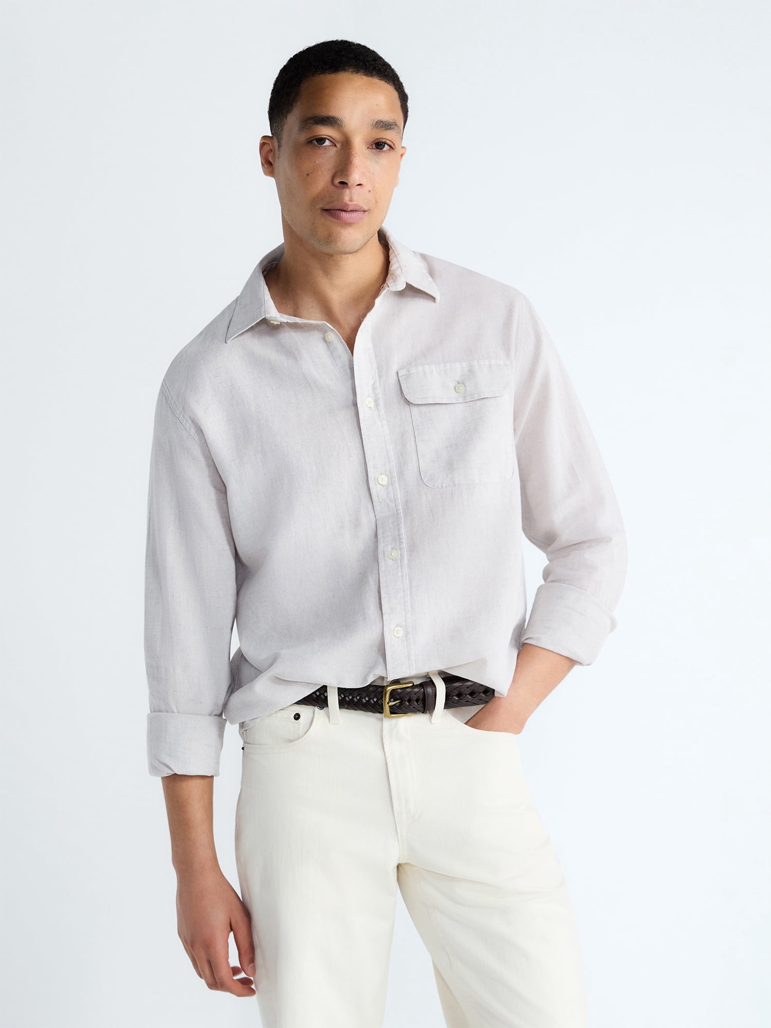 Free Assembly Men's Linen Blend Button Front Shirt with Long Sleeves, Sizes S-3XL