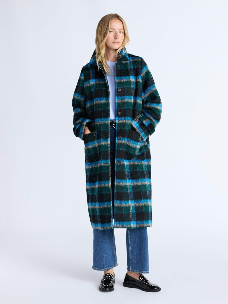ジャケット・アウター Her lip to Checked Pattern Wool Coat Colorful Plaid Coat, Merino Wool Coat, Long Blue & Pink
