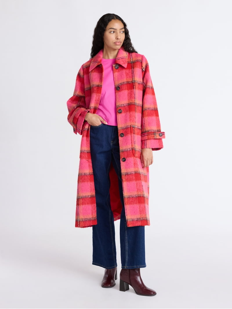 Free Assembly Women's and Women's Plus Long Wool Blend Coat, Sizes