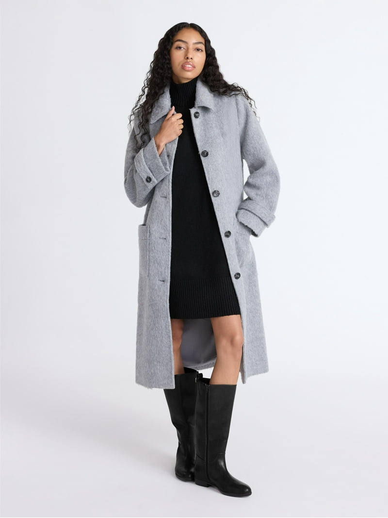 Free Assembly Women's and Women's Plus Long Wool Blend Coat, Sizes