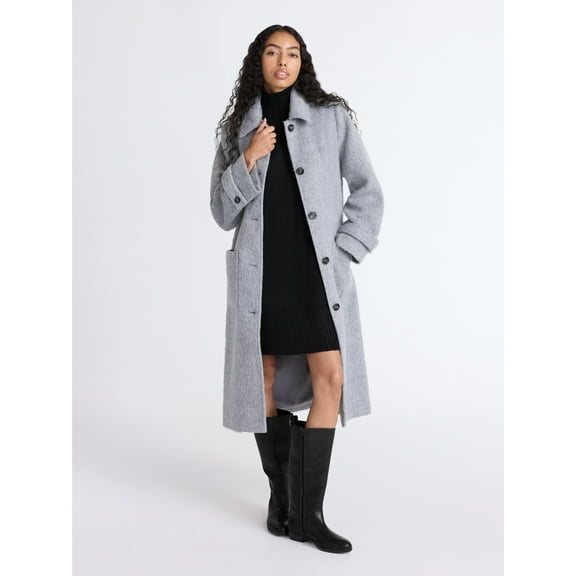 Free Assembly Women's and Women's Plus Long Wool Blend Coat, Sizes XS-4X