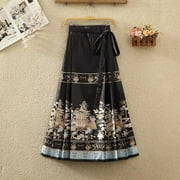 LS Ladies Fashion Chinese Style Design Vintage Horse Faced Skirts Women Clothes Girls Casual Clothes Female Long Black Plaid Skirt
