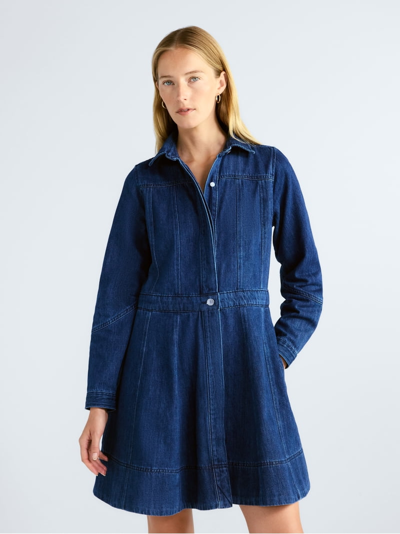 walmart blue jean dress Free Assembly Women's and Women's Plus Denim Mini Shirtdress with Long Sleeves, Sizes Xs-4x, Size: Medium, this easy style easily weekend-getaway A Line V Neck Filling:Vanilla Bean Butter Cream