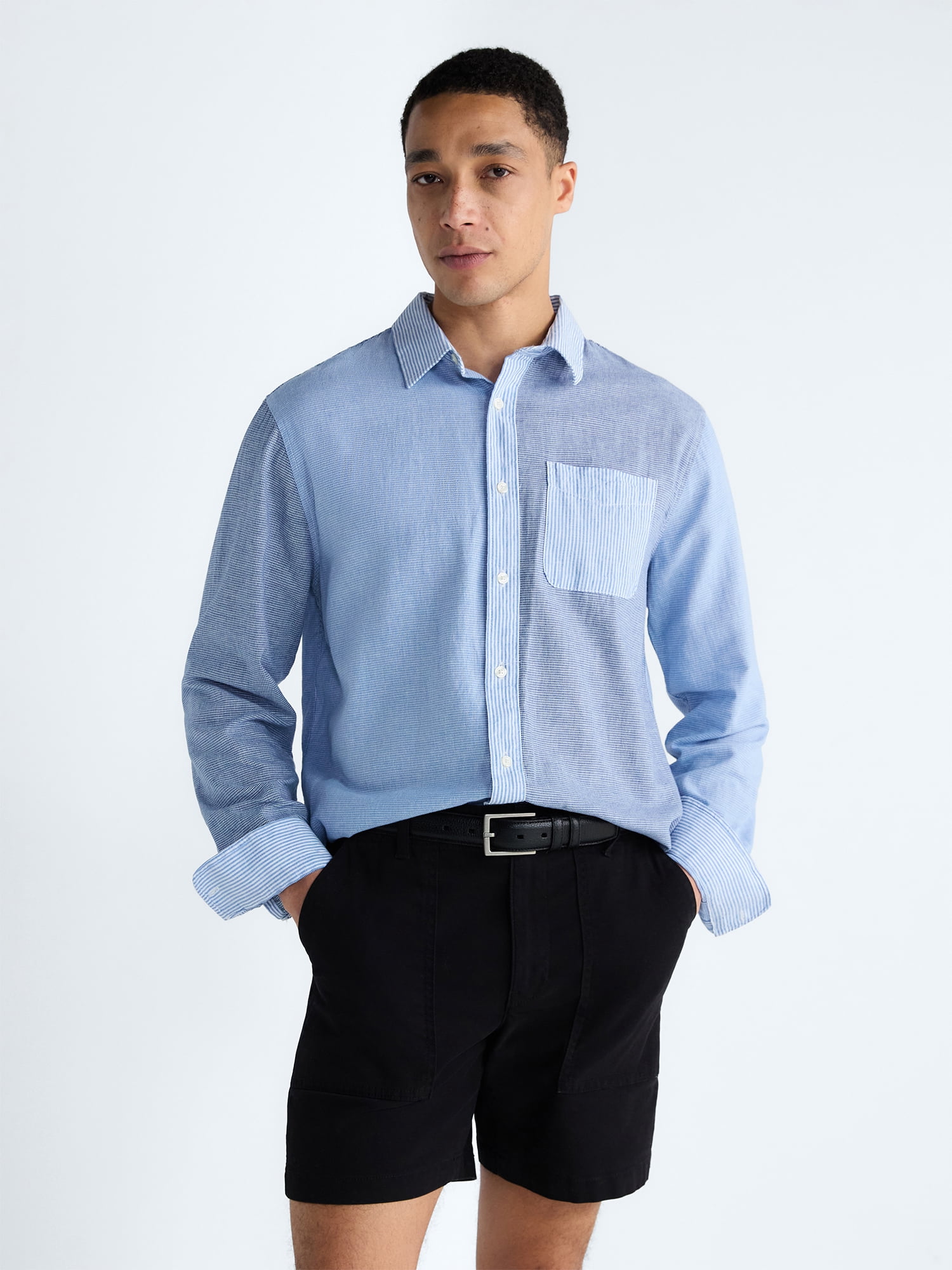 Free Assembly Men's Linen Blend Mixed Pattern Button Front Shirt, Sizes XS-3XL