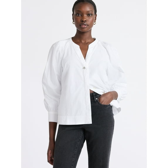 Free Assembly Women's and Women's Plus Cotton Pleat Neck Shirt with Long Sleeves, Sizes XS-4X