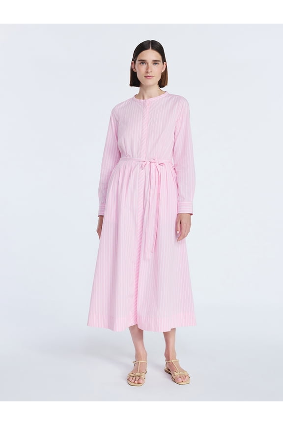 Women's and Women's Plus Pleated Cotton Midi Shirtdress with Long Sleeves, Sizes XS-4X