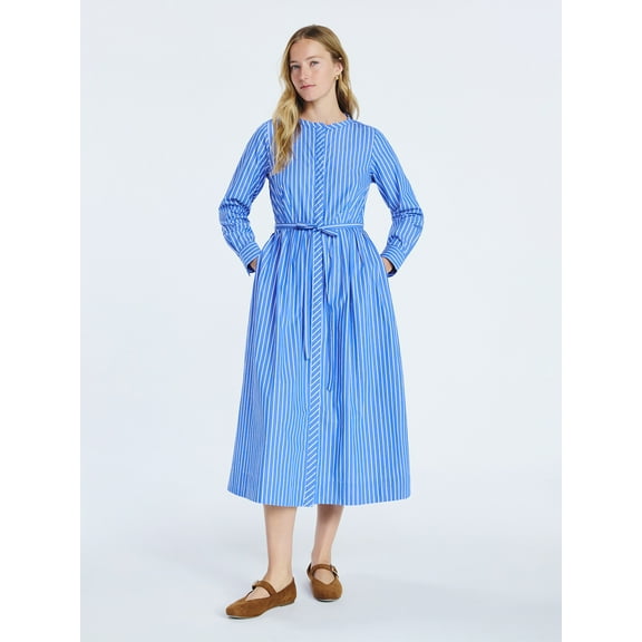 Free Assembly Women's and Women's Plus Pleated Cotton Midi Shirtdress with Long Sleeves, Sizes XS-4X