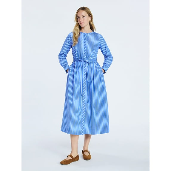 Free Assembly Women's and Women's Plus Pleated Cotton Midi Shirtdress with Long Sleeves, Sizes XS-4X
