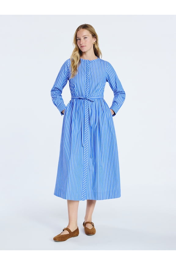 Women's and Women's Plus Pleated Cotton Midi Shirtdress with Long Sleeves, Sizes XS-4X