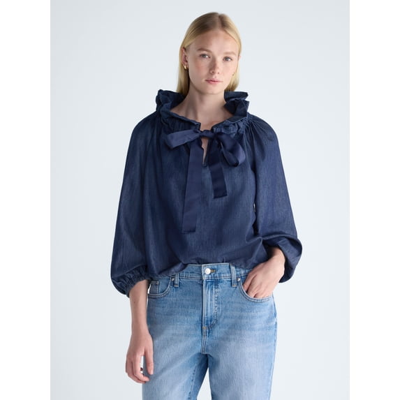 Free Assembly Women's and Women's Plus Ruffle Tie Neck Cotton Top with Long Sleeves, Sizes XS-4X