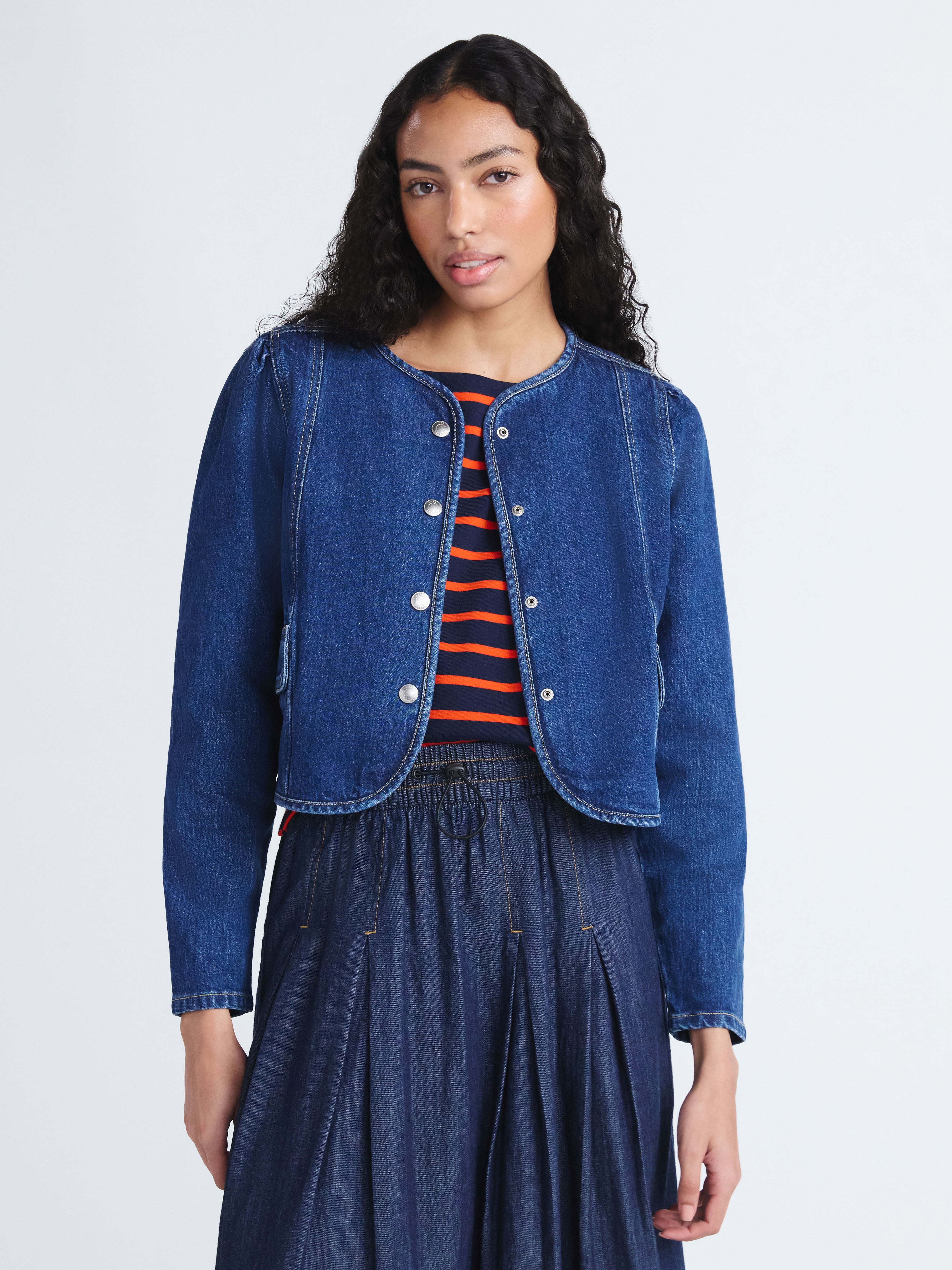 Free Assembly Women's Cropped Denim Jacket with Puff Sleeves