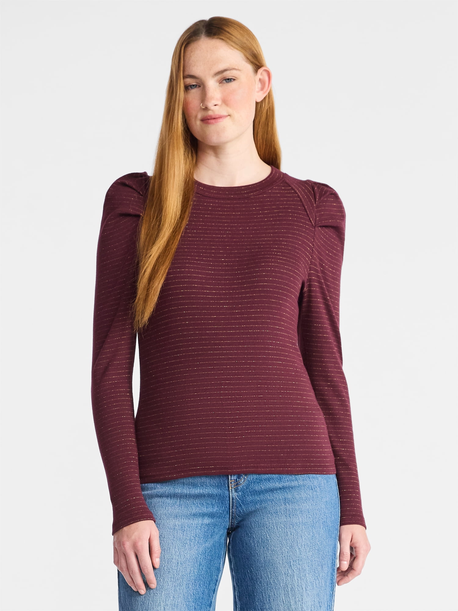 Time and Tru Women's Top with Long Puff Sleeves, Size XS-XXXL