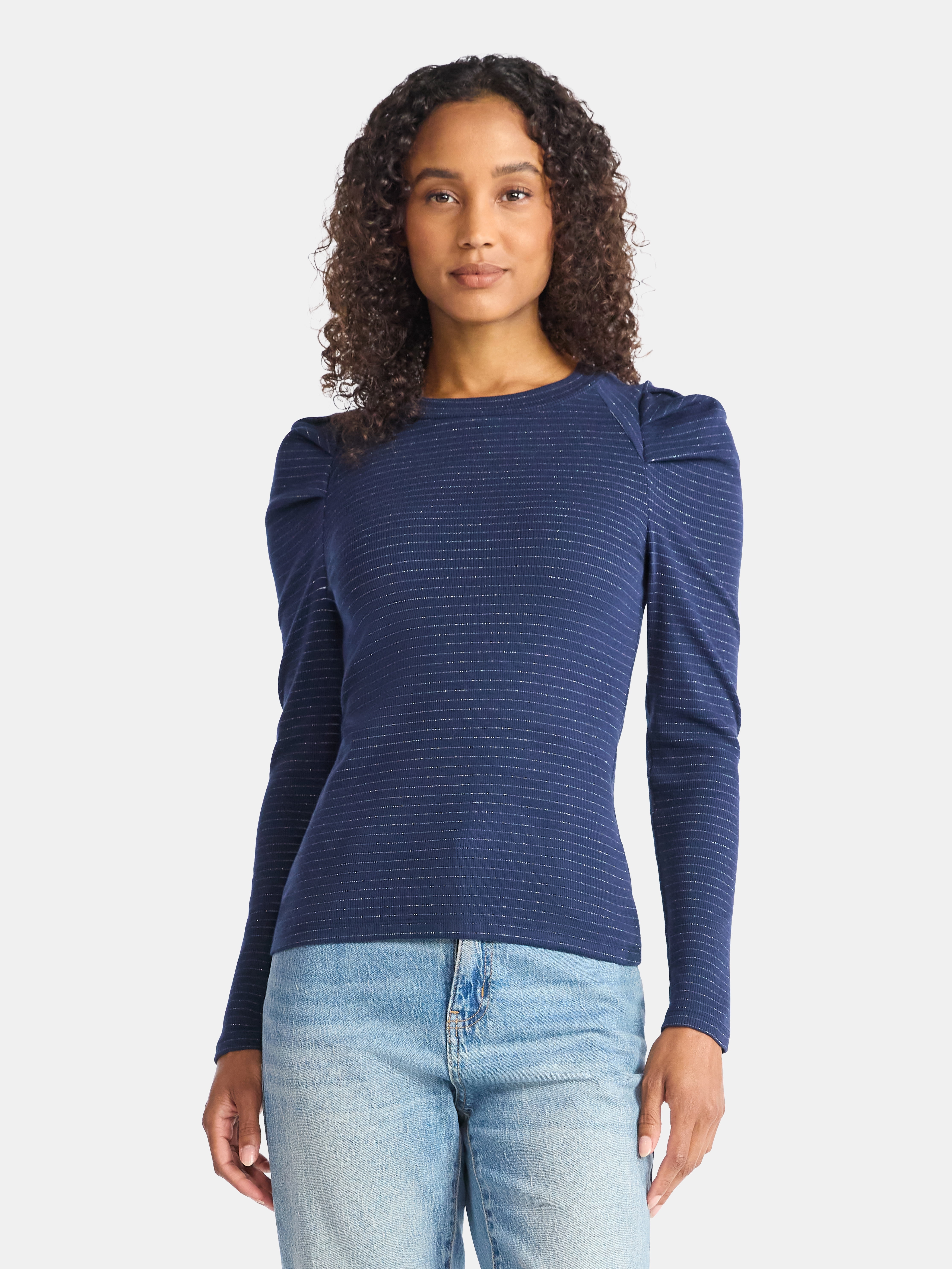 Time and Tru Women's Top with Long Puff Sleeves, Size XS-XXXL