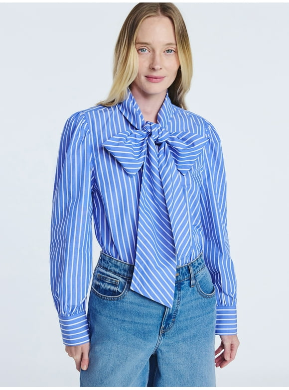 Women's Cotton Tie Neck Blouse with Long Puff Sleeves, Sizes XS-XXL