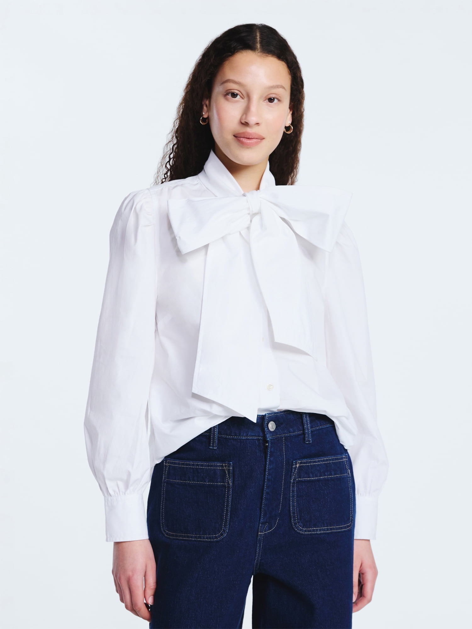 Free Assembly Women's Cotton Tie Neck Blouse with Long Puff Sleeves, Sizes XS-XXL