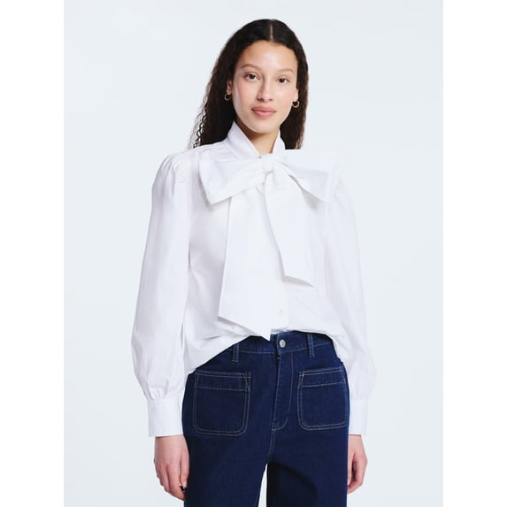Free Assembly Women's Cotton Tie Neck Blouse with Long Puff Sleeves, Sizes XS-XXL