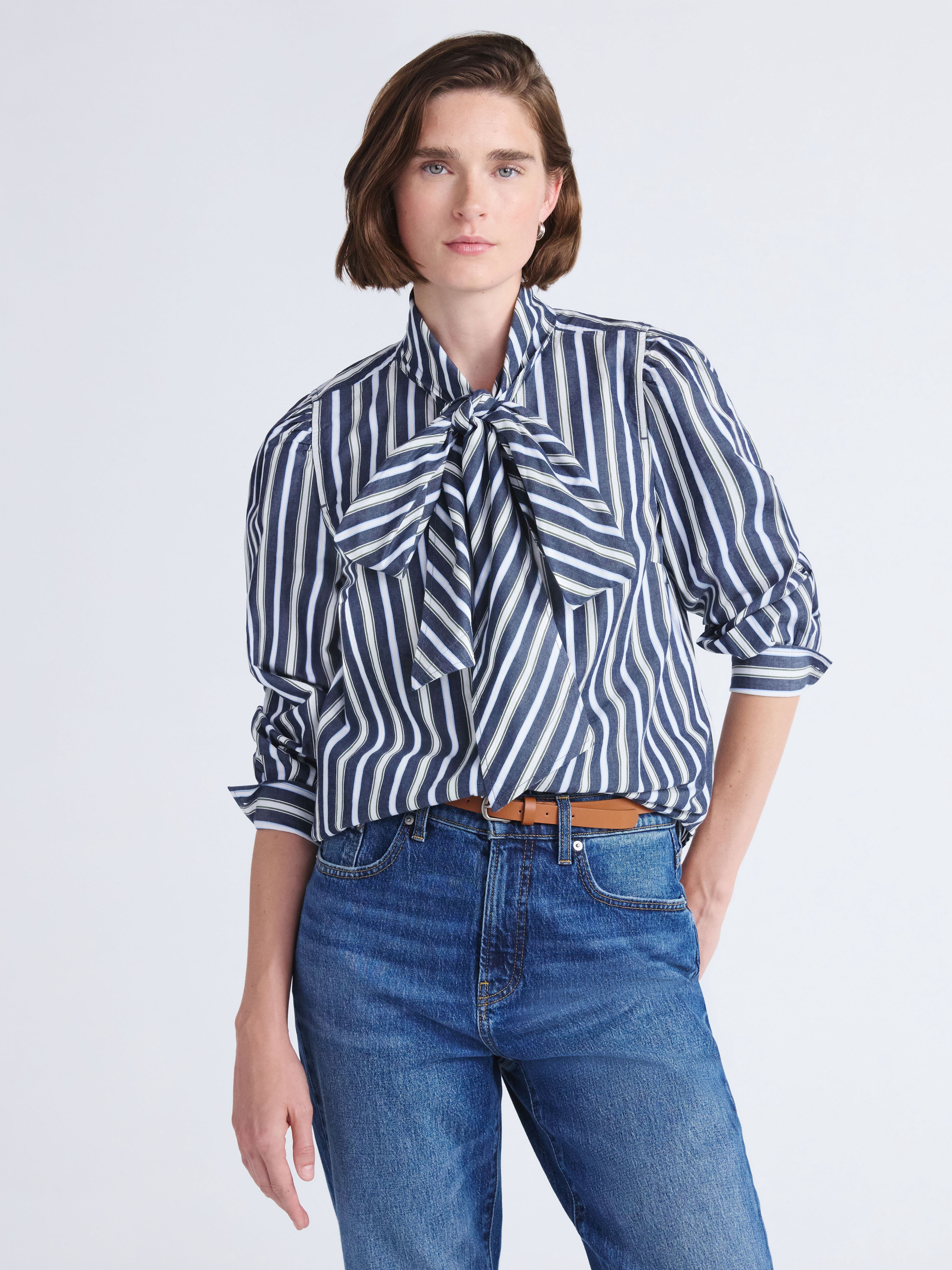 Free Assembly Women's Cotton Tie Neck Blouse with Long Puff Sleeves, Sizes XS-XXL