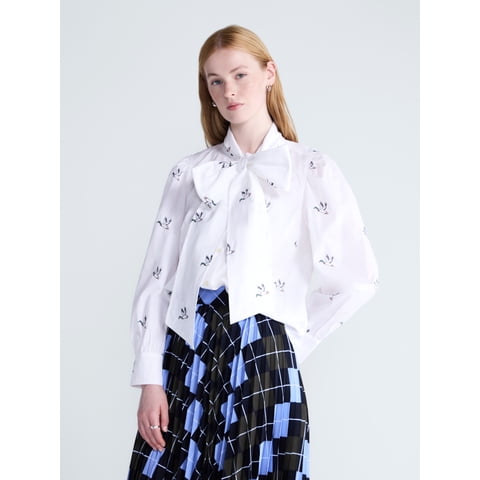 Women's Tie Neck Print Cotton Shirt with Long Puff Sleeves, Sizes XS-XXL