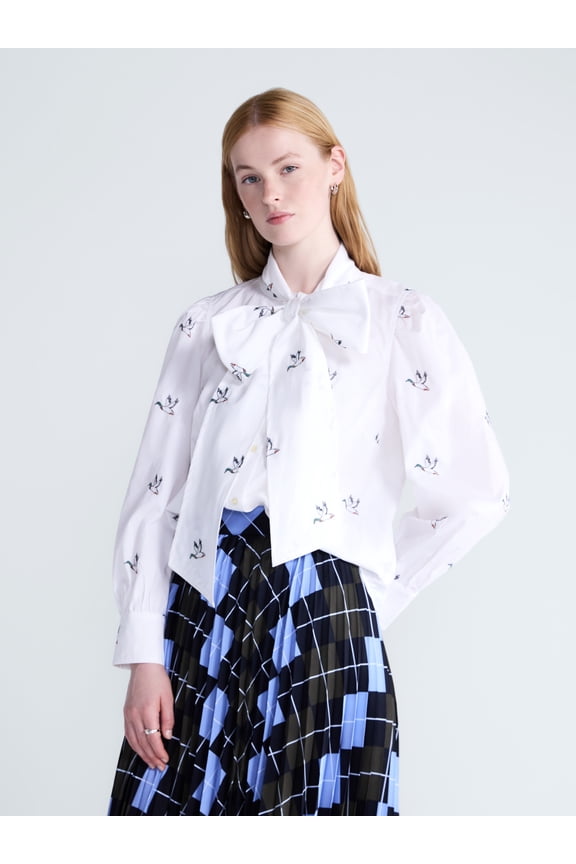 Women's Tie Neck Print Cotton Shirt with Long Puff Sleeves, Sizes XS-XXL