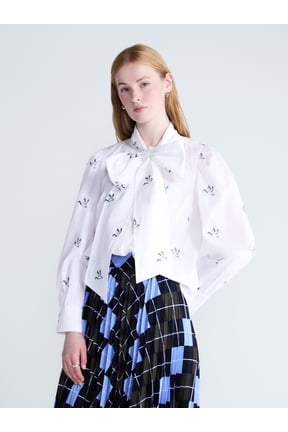 Women's Tie Neck Print Cotton Shirt with Long Puff Sleeves, Sizes XS-XXL