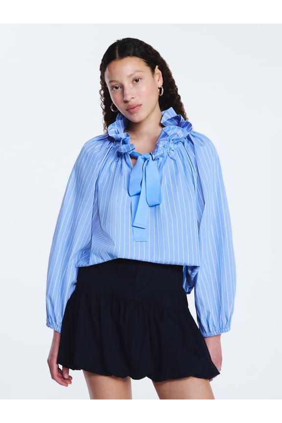 Women's Ruffle Tie Neck Cotton Top with Long Puff Sleeves, Sizes XS-XXL