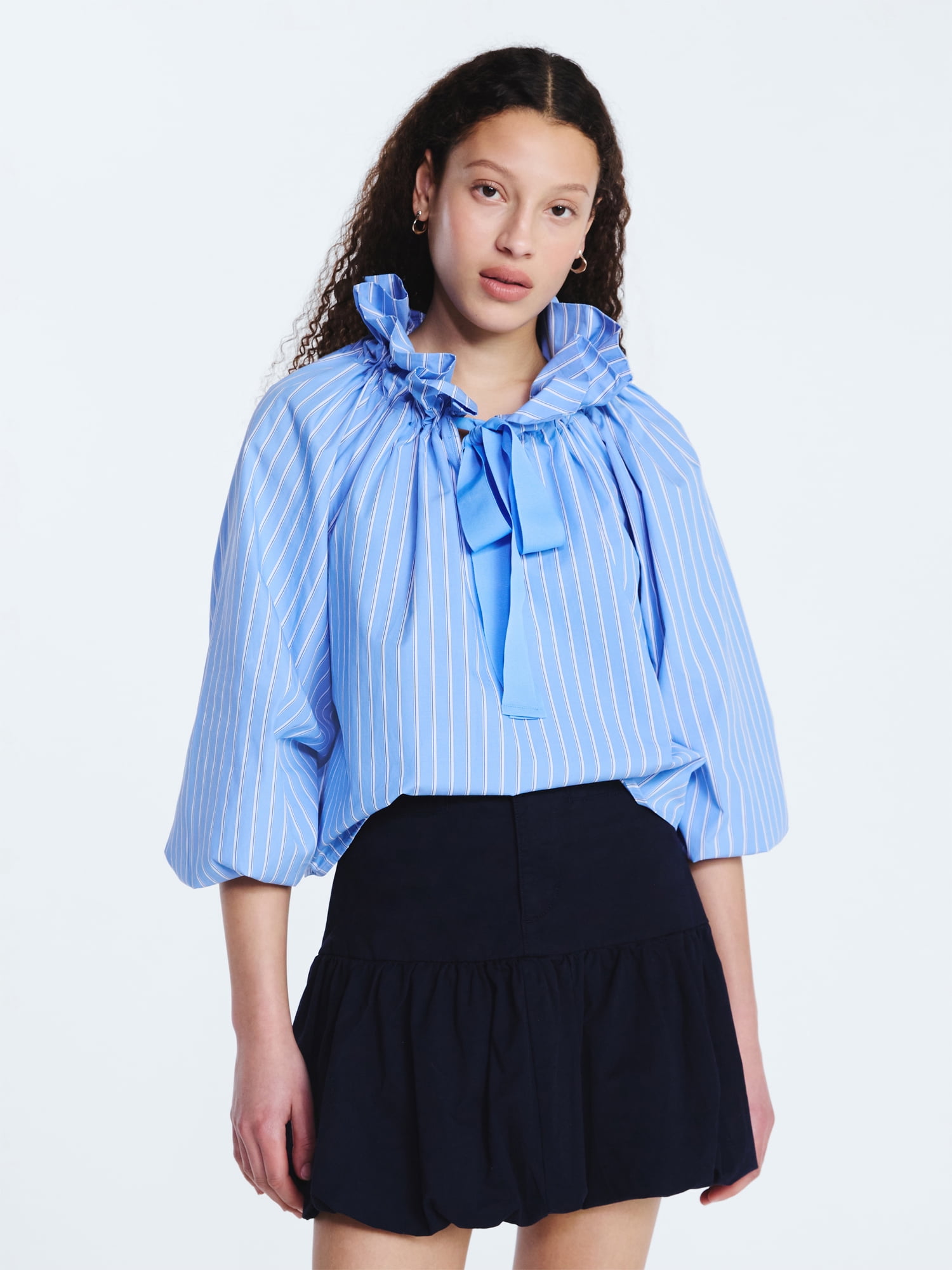 Free Assembly Women's Ruffle Tie Neck Cotton Top with Long Puff Sleeves, Sizes XS-XXL