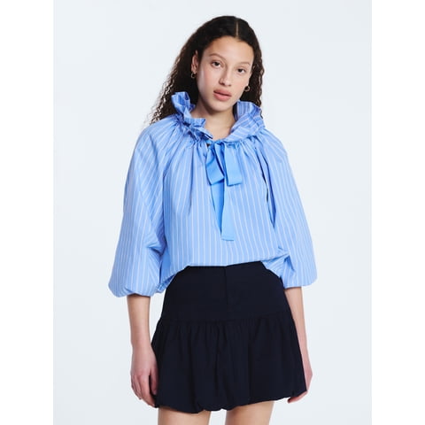 Women's Ruffle Tie Neck Cotton Top with Long Puff Sleeves, Sizes XS-XXL
