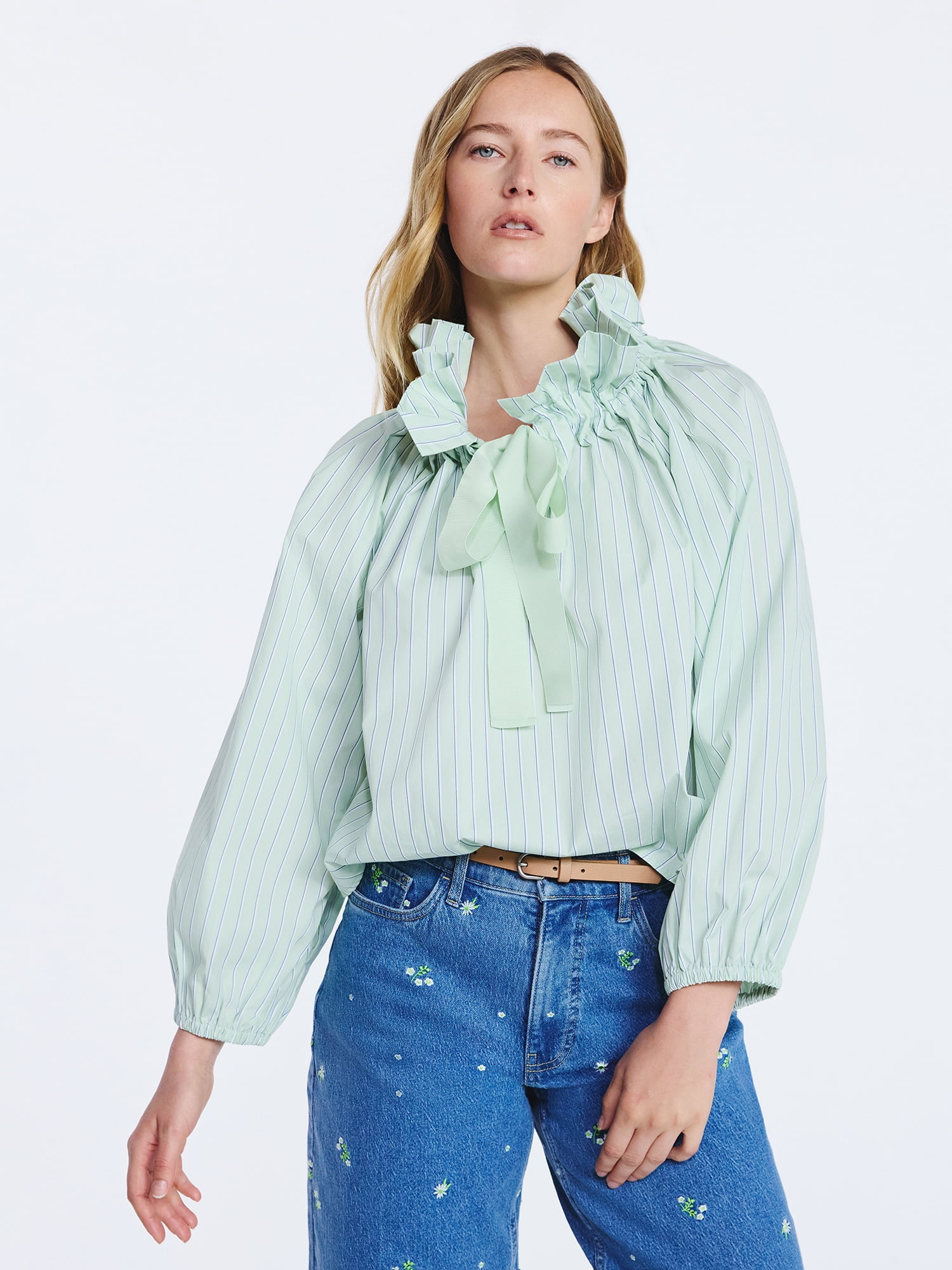 Free Assembly Women's Ruffle Tie Neck Cotton Top with Long Puff Sleeves, Sizes XS-XXL