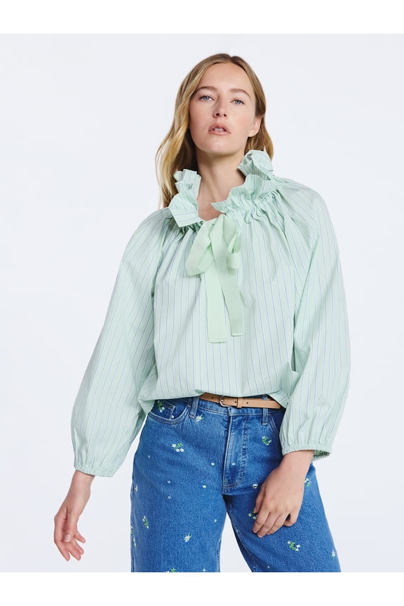 Women's Ruffle Tie Neck Cotton Top with Long Puff Sleeves, Sizes XS-XXL