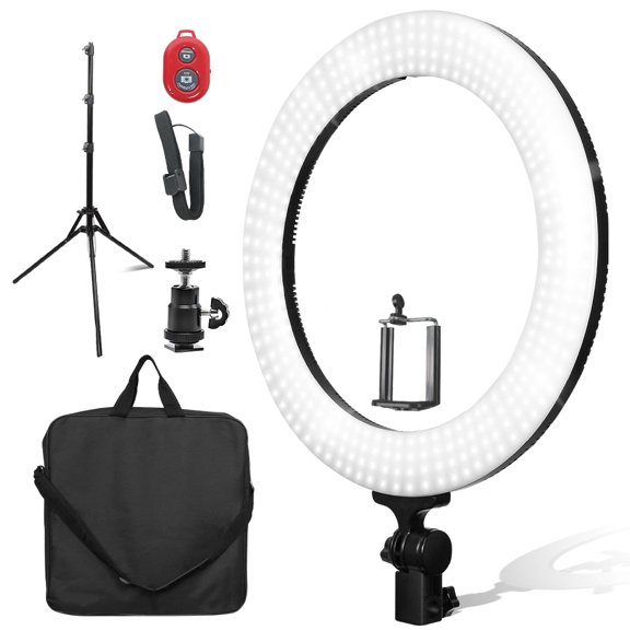 LS Photography 18" Dimmable Dual Colored LED Round Ring Light, Bluetooth Remote Phone holder WMT1281, Black