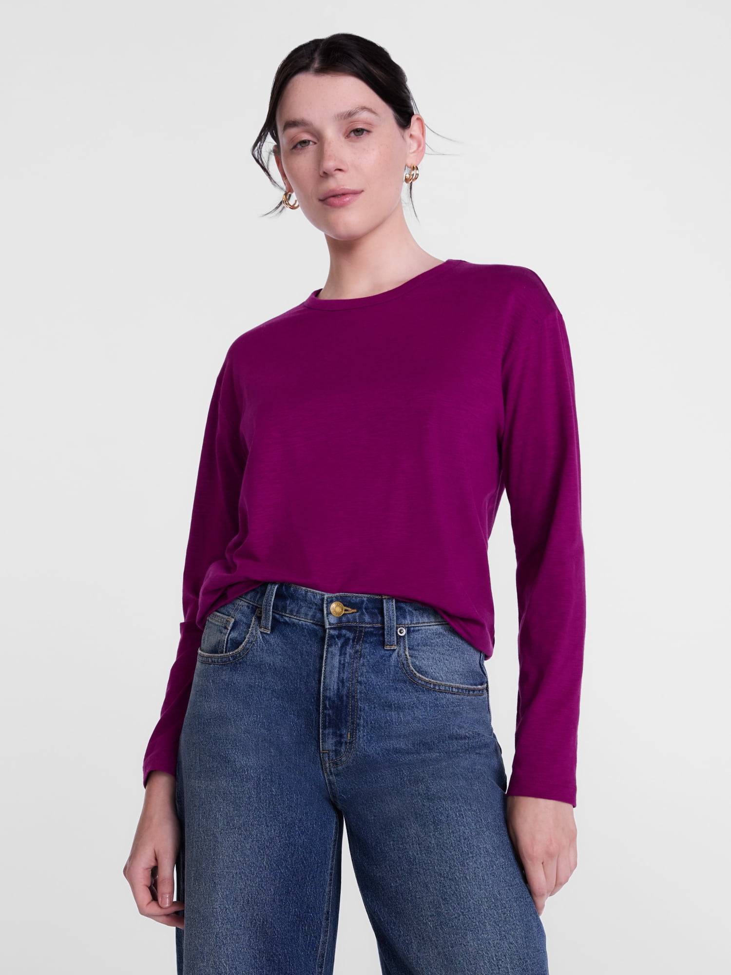 Scenario Women's and Women's Plus Relaxed Slub Tee with Long Sleeves, Sizes XS-4X