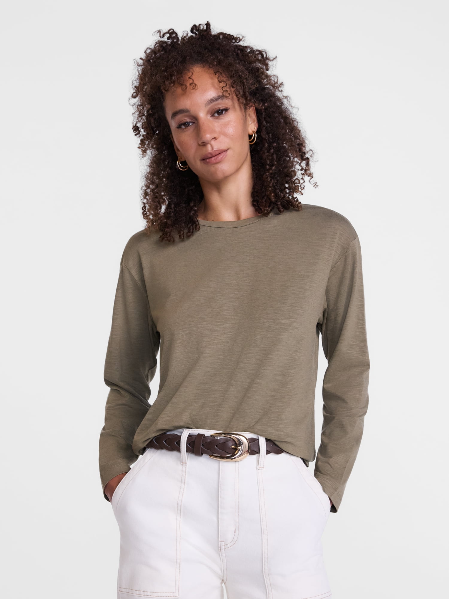 Scenario Women's and Women's Plus Relaxed Slub Tee with Long Sleeves, Sizes XS-4X
