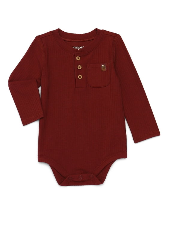 Baby Boy Ribbed Pocket Henley Bodysuit with Long Sleeves, Sizes 0M-24M